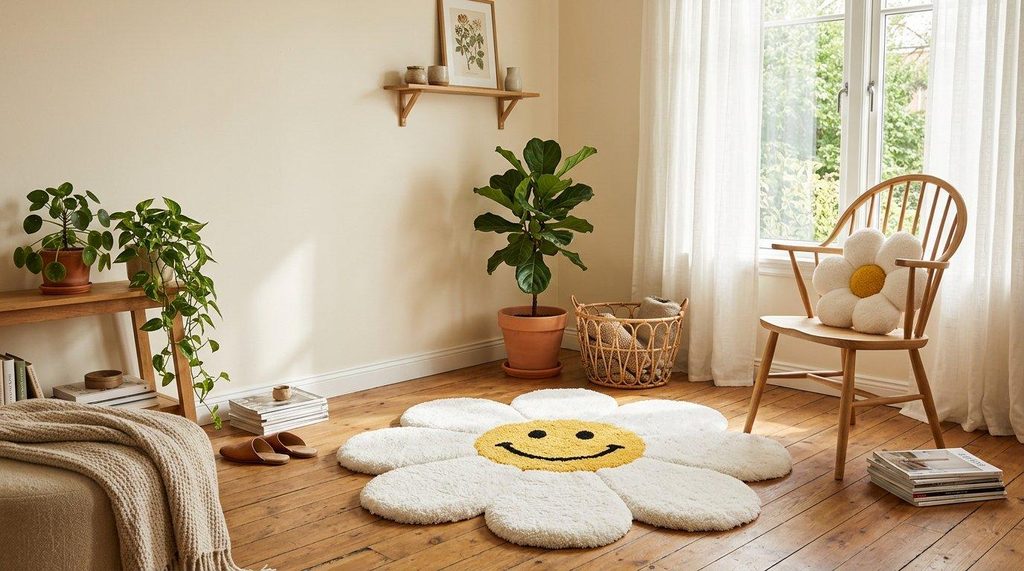 Handmade tufting rug in a cozy living room